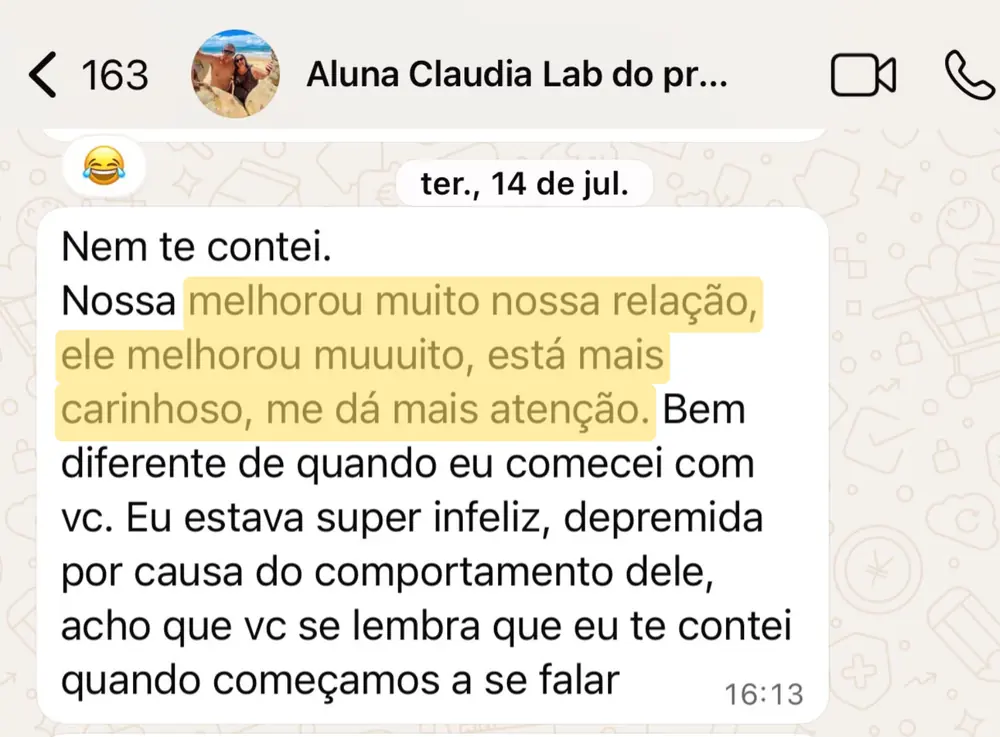 Print de WhatsApp: aluna conta que a relação melhorou muito