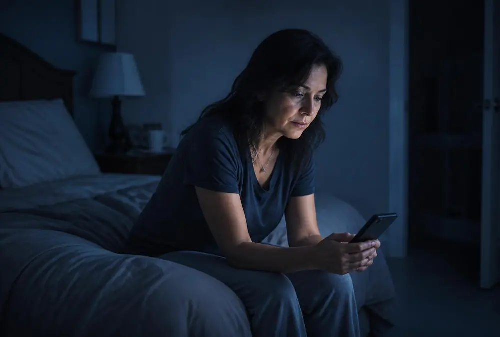 Mulher sozinha e desanimada à noite